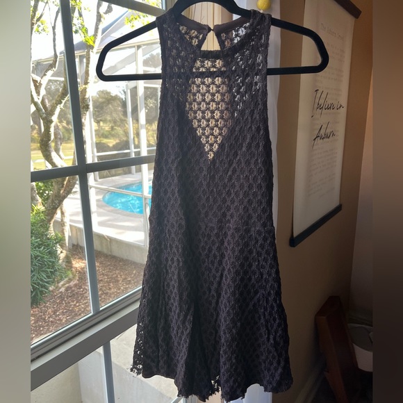 UO Silence + Noise Black/Dark Brown Crotchet Mesh Knit Halter Romper - Picture 5 of 8